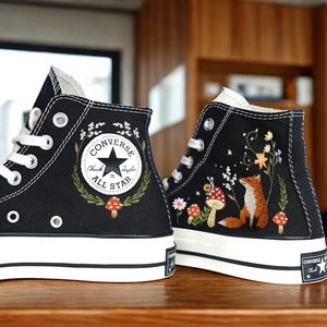 Fox and Mushroom Embroidered High Top Sneakers, Black Cottagecore Canvas Shoes, Hand Stitched Forestcore Converse, Nature Inspired Gift LL