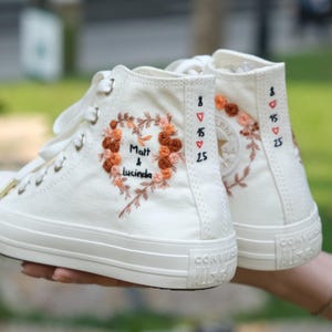Personalized Wedding Converse, Hand Embroidered Bridal Sneakers, Custom Name & Date Shoes, Floral High-Top Converse for Bride, Wedding Gift