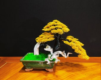 Art Wire Bonsai Tree Sculpture Planted On Pots With Yellow Leaves, Have Black And White Trunk