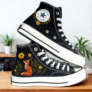 Hand Embroidered Black Converse with Fox & Sunflowers, Nature Inspired HighTop Sneakers, Personalized Woodland Gift, Custom Wedding Converse
