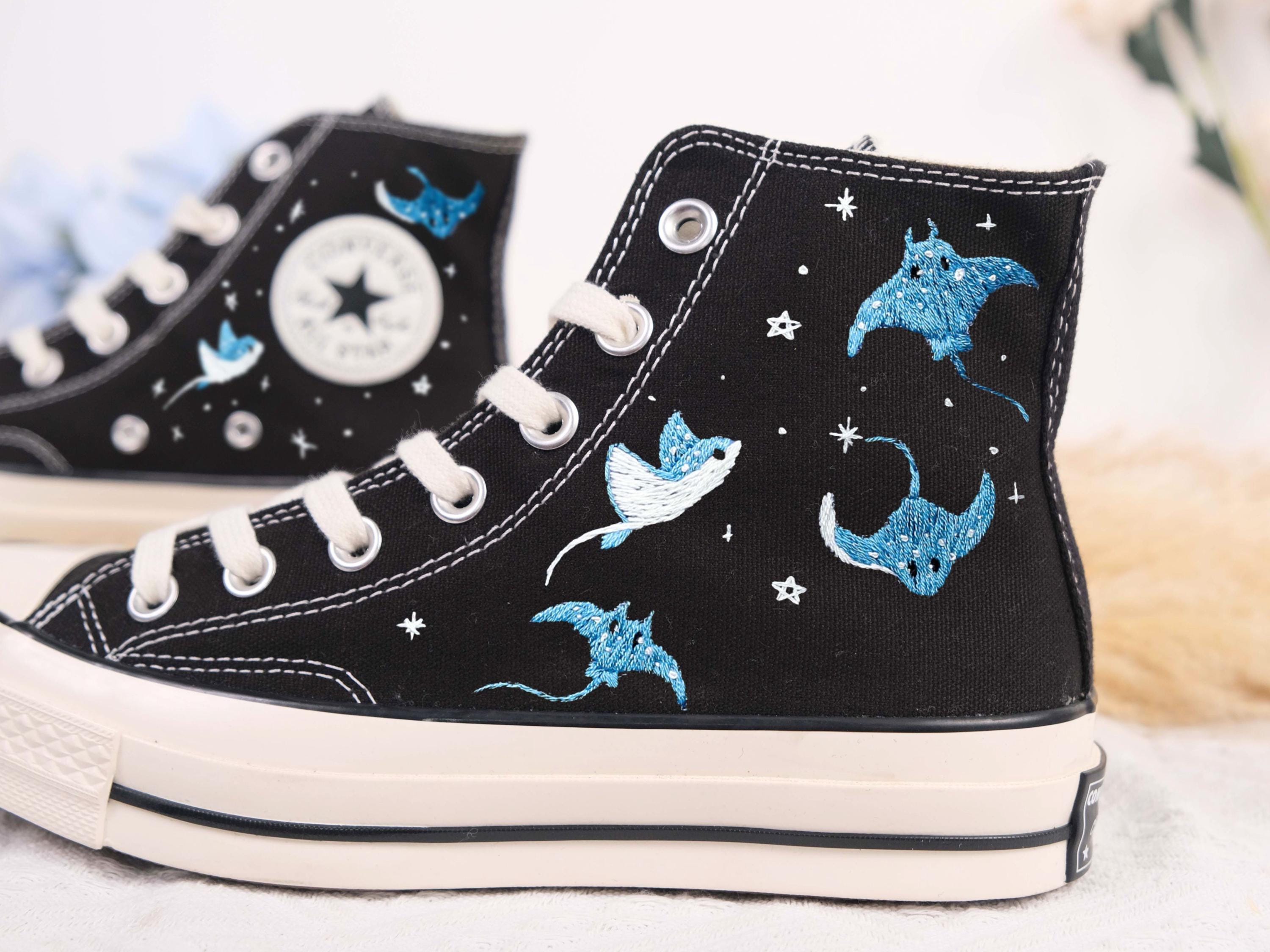 Custom Embroidered Converse, Hammerhead Sharks and Manta Ray Embroidered Shoes, Ocean Vibes Embroidered Sneakers Custom, Gifts for Divers LT