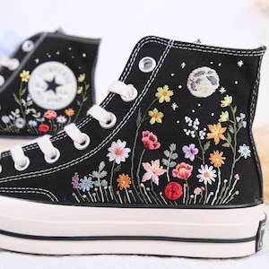 Custom Embroidered Converse, Flowers Embroidered Shoes, Flower Garden and Moon Embroidered Sneakers Custom, Gifts for girlfriend LP