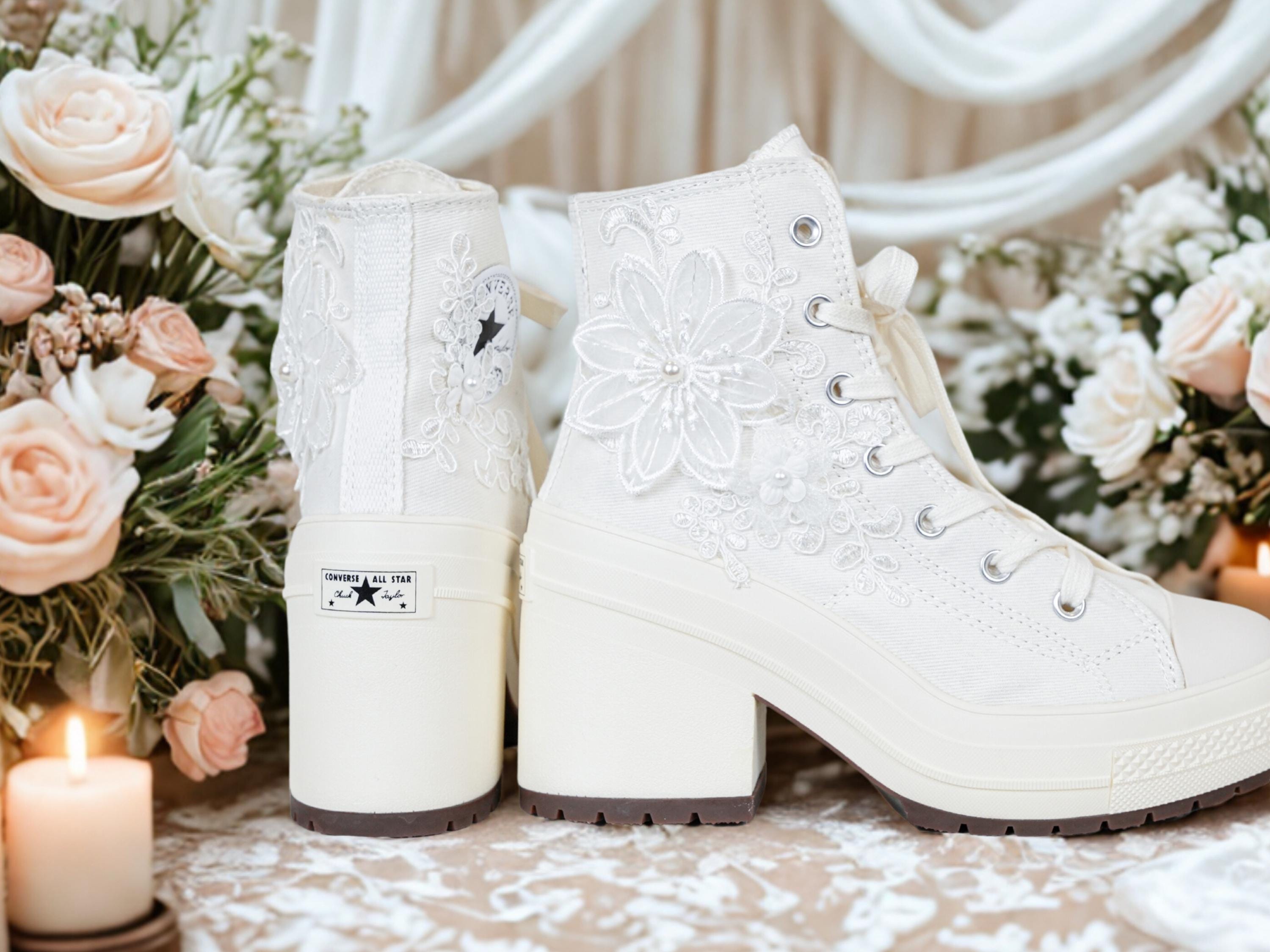 Bridal Converse Platform Heels | Custom Wedding Sneakers with Lace & Pearls | Elegant White Bride Shoes for Big Day LL