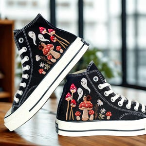 Hand Embroidered Mushroom Sneakers, Black High Tops with Cute Ghosts, Snail & Forest Vibes, Cottagecore Canvas Shoes, Unique gift idea