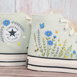 Custom Embroidered Converse Chuck Taylor, Green Converse Embroidery Wildflowers, Garden Flower Embroidered Shoes, Unique Gifts for Her LL