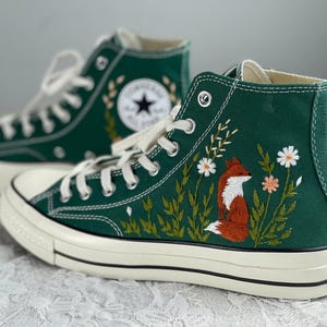 Fox Embroidery Converse, Floral Green High Tops, Forest Inspired Custom Sneakers, Unique Gift for Nature Lovers LL