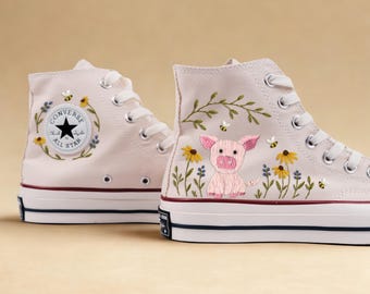 Embroidered Pig Converse Shoes, Cute Animal High Tops, Custom Pink