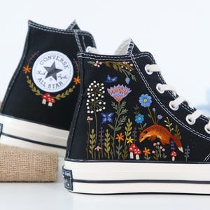 Fox Embroidered Shoes, Woodland Converse Sneakers, Dark Forest Floral High Tops, Hand Stitched Nature Gift, Magical Animal Shoes, Gift