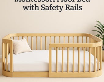 Montessori Twin Floor Bed | Natural Pine Wood with Safety Rails