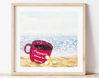 Cup of coffee on the beach watercolor painting coffee art print kitchen printable art coffee wall art download coffee lover gifts