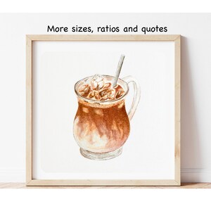 May include: A watercolor illustration of a glass of iced coffee with a straw. The coffee is brown and the ice cubes are white. The glass is clear and has a rounded shape.