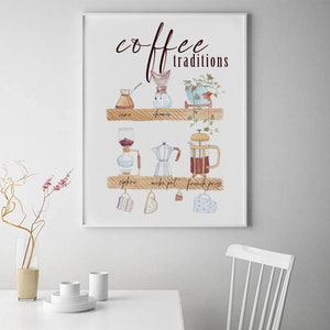 May include: A white poster with the text "coffee traditions" in brown lettering. The poster features illustrations of different coffee brewing methods, including a Chemex, a French press, a Moka pot, a siphon, and a carafe.