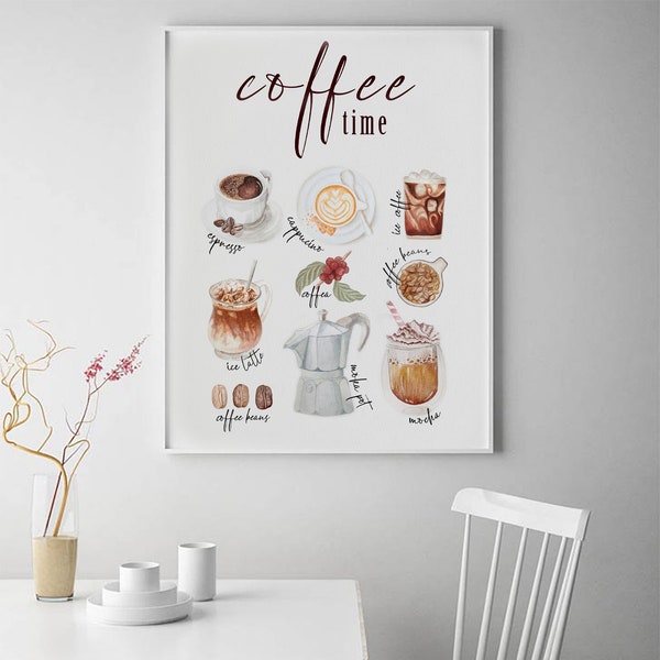 Affiche de café d'impression d'art de type de café avec plusieurs types de café peinture à l'aquarelle cadeaux d'amant de café décor de cuisine