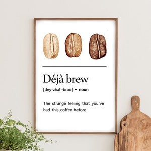 May include: A printable wall art design with three watercolour coffee beans and the text "D&eacute;j&agrave; brew [dey-zhah-broo] noun The strange feeling that you've had this coffee before."