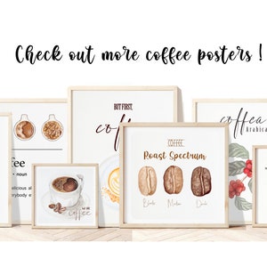 May include: A collection of eight framed coffee-themed posters with watercolor illustrations. The posters feature coffee beans, coffee cups, coffee drinks, and text about coffee. The text on the posters includes "coffee time", "But first, coffee", "Coffee Roast Spectrum", "Coffea Arabica", and "Caffeine".