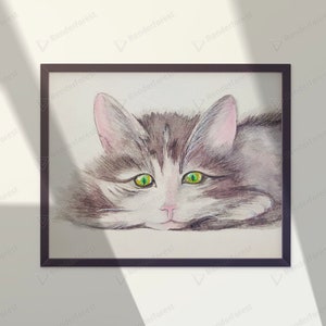 cat art print pet prints watercolor cat painting, cute animals, cat poster cat portrait digital prints download wall art, canvas home decor image 3