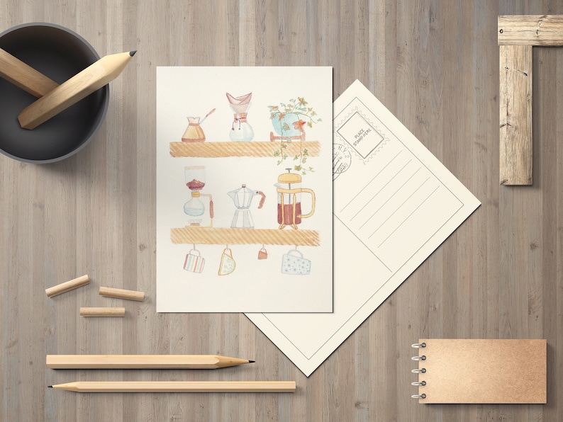 May include: A watercolor illustration of a coffee bar with various coffee brewing methods, including a French press, a pour-over coffee maker, a percolator, and a Moka pot. The illustration features a wooden shelf with hanging mugs and a potted plant.