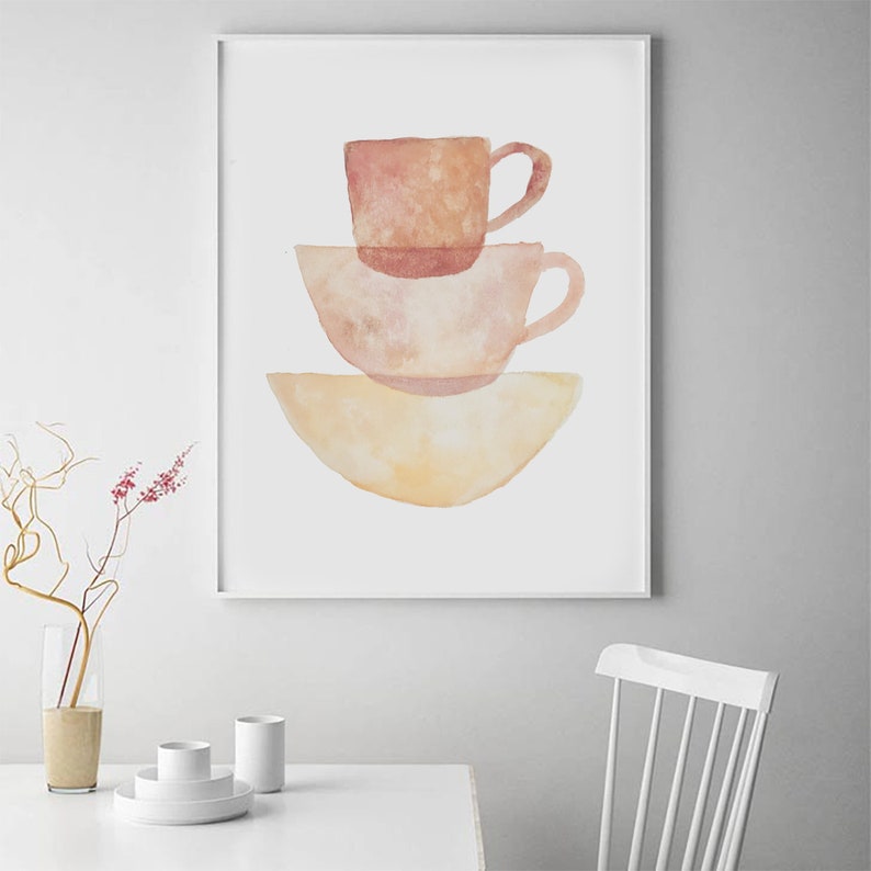 May include: A watercolor painting of three stacked cups in shades of brown, orange, and yellow. The cups are arranged in a pyramid shape, with the largest cup at the bottom and the smallest cup at the top.