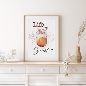 Coffee art print life is sweet quote kitchen wall decor mocha coffee watercolor painting coffee poster kitchen art download