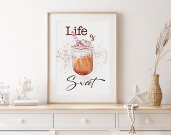 Coffee art print life is sweet quote kitchen wall decor mocha coffee watercolor painting coffee poster kitchen art download