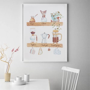 May include: A watercolor illustration of different coffee brewing methods, including a Chemex, French press, Moka pot, and Syphon. The illustration is framed and hanging on a white wall.