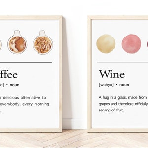 May include: Two framed prints with illustrations and definitions of coffee and wine. The coffee print shows three different types of coffee in mugs. The wine print shows three different shades of red wine.