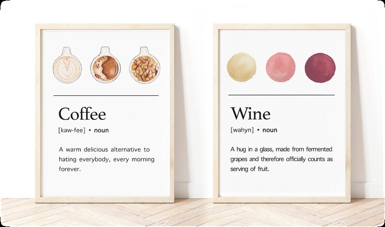 May include: Two framed prints with illustrations and definitions of coffee and wine. The coffee print shows three different types of coffee in mugs. The wine print shows three different shades of red wine.