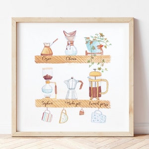 May include: A watercolor illustration of different coffee brewing methods, including a Chemex, a French press, a siphon, a Moka pot, and a Cozy. The illustration is framed in a light wood frame and includes the names of each brewing method.
