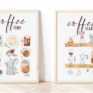 May include: Two framed watercolor illustrations of coffee. The first illustration is titled "coffee time" and features different types of coffee drinks, including espresso, cappuccino, iced coffee, iced latte, mocha, and coffee beans. The second illustration is titled "coffee traditions" and features different methods of brewing coffee, including a cezve, a pour over, a siphon, a moka pot, and a french press.