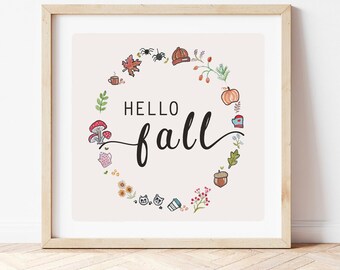 hello fall art print watercolor illustration autumn print halloween fall decor