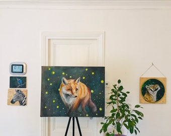 Original fox painting entitled "Fox and fireflies" large acrylic painting fox portrait 23x29in wildlife animal painting