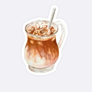 May include: A watercolor illustration of a glass of iced coffee with a straw. The coffee is brown and the ice cubes are white. The glass is clear and has a rounded shape.
