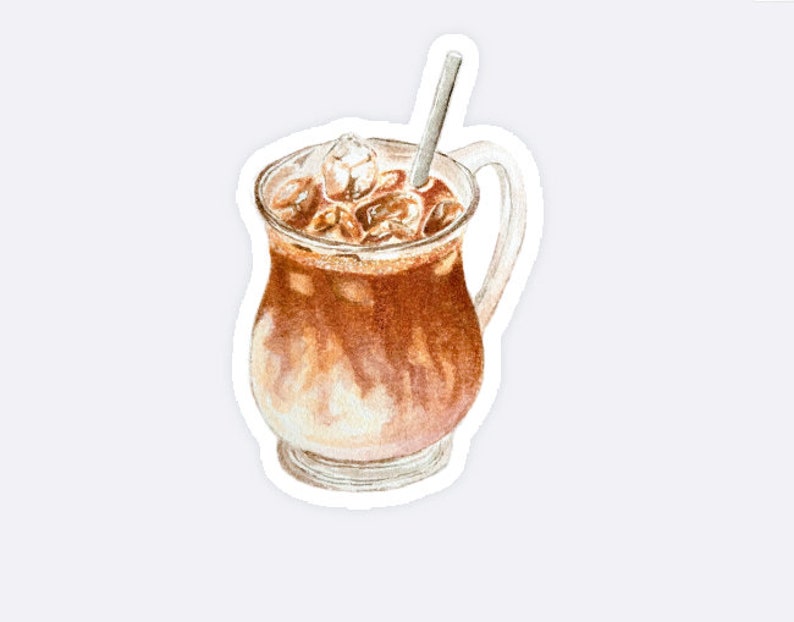 May include: A watercolor illustration of a glass of iced coffee with a straw. The coffee is brown and the ice cubes are white. The glass is clear and has a rounded shape.