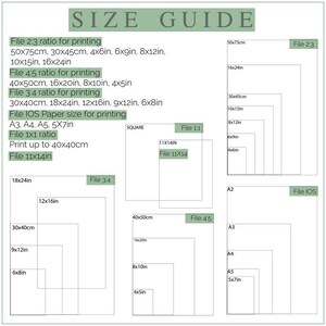 May include: A size guide for printing images in different aspect ratios and sizes. The guide includes common paper sizes like A3, A4, and A5, as well as square and rectangular formats. The sizes are listed in inches and centimetres.