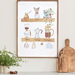 May include: A watercolor illustration of different coffee brewing methods, including a cezve, a Chemex, a siphon, a Moka pot, and a French press. The illustration is framed and hanging on a white wall above a wooden countertop.