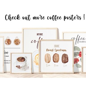 May include: A collection of eight framed coffee-themed posters with watercolor illustrations. The posters feature coffee beans, coffee cups, coffee drinks, and text about coffee. The text on the posters includes "coffee time", "But first, coffee", "Coffee Roast Spectrum", "Coffea Arabica", and "Caffeine".