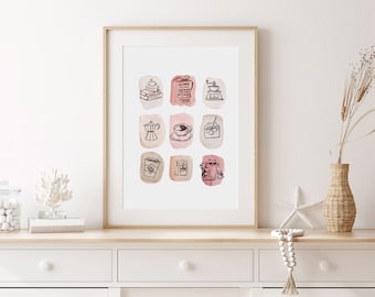 Coffee doodle print coffee print coffee poster watercolor painting coffee decor coffee postcard book cat greeting card modern wall art