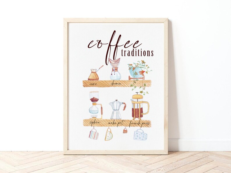 May include: A watercolor illustration of different coffee brewing methods, including a Chemex, a French press, a Moka pot, a siphon, and a pour-over. The illustration is titled "coffee traditions".
