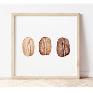 May include: Three watercolour illustrations of coffee beans in different shades of brown.