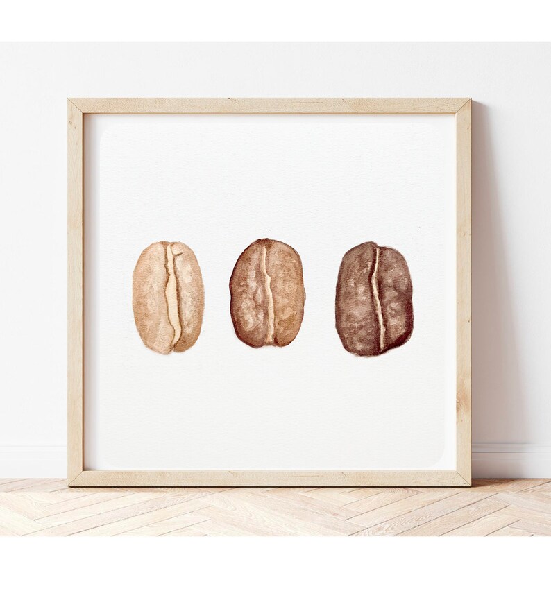 May include: Three watercolour illustrations of coffee beans in different shades of brown.