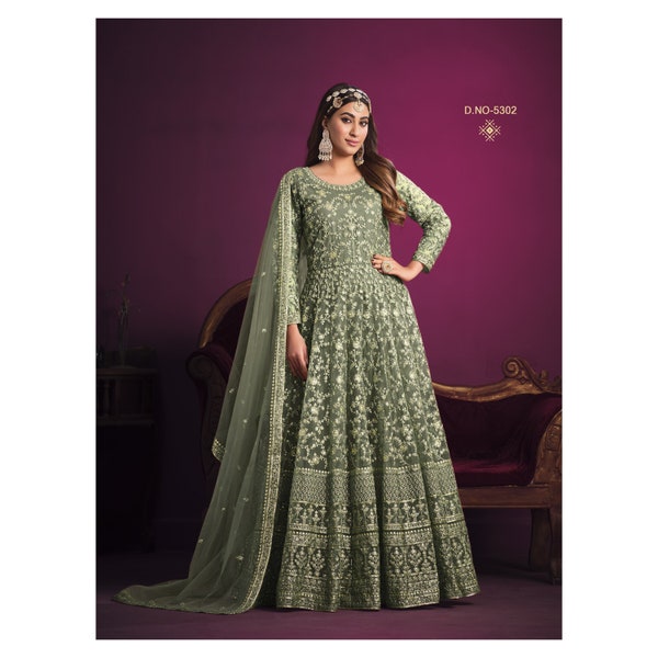 Gorgeous Darker Green Net Anarkali Gown with Designer Dupatta for Pakistani Wedding and Reception Parties