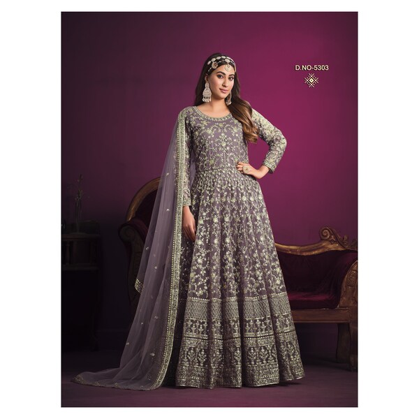 Gorgeous Lilac Purple Net Anarkali Gown with Designer Dupatta for Pakistani Wedding and Reception Parties