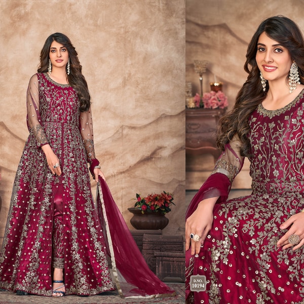 Red Wine Pakistani Wear Net Embroidery Slit Style Salwar Kameez Suits Ramadan Eid Special Salwar Kameez Suit Women's Stitched Suit