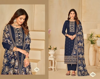 Elegant Navy Blue Festive Wear Embroidered Straight Cut Salwar Kameez In Art Silk Fabric - Traditional Indian Outfit Eid Wear Suits