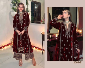 Ensemble pantalon kurta en velours rouge brodé pakistanais, tenues de soirée, velours d'hiver Salwar Kameez, costume de créateur en velours, tenues de mariage