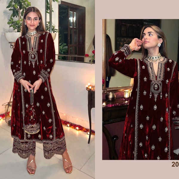 Pakistanisches besticktes Kurta-Hosenset aus rotem Samt, Partykleidung, Winter-Samt-Salwar-Kameez, Designer-Samtanzug, Hochzeitskleidung. Kostenloser Versand