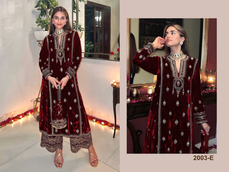 Pakistani Embroidered Red Velvet Kurta pant Set Partywear, Winter Velvet Salwar Kameez, Designer Velvet Suit, Wedding wear Free shiping C-1
