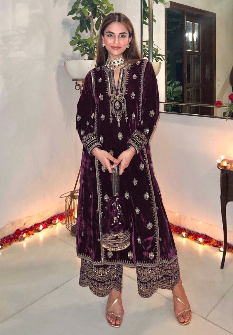 Pakistani Embroidered Red Velvet Kurta pant Set Partywear, Winter Velvet Salwar Kameez, Designer Velvet Suit, Wedding wear Free shiping image 7