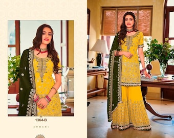 Yellow Pakistani Indian Wedding Party Wear Designer Faux Georgette Plazzo suits,heavy embroidery work Plazzo and kameez with Dupatta