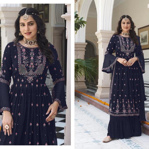 Navy Blue Color Shalwar Kameez Palazzo Suits Indian Designer Salwar Kameez Dupatta Dress Pakistani Party Wear Embroidery Worked suits